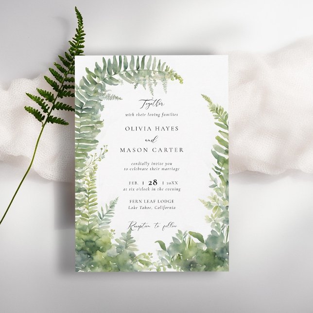Skogsbergsskogar, träden Arch Elegant bröllop Inbjudningar (enchanted forest wedding invitation botanical arch frame ferns outdoors mountains nature garden)