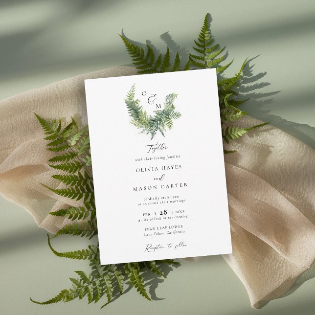 Skogsbergsskogen Vapensköld Elegant bröllop Inbjudningar (enchanted forest wedding invitation botanical crest ferns outdoors mountains sage garden whimsy)