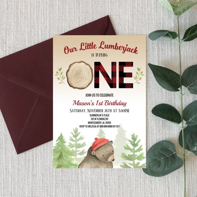 Skogsbeskogning i Lumberjack-skogen Bear 1:a födel Inbjudningar (Skapare uppladdad)