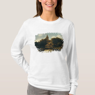 Skogsbevuxet landskap med figurer nära en kyrka t-shirt
