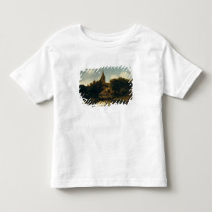 Skogsbevuxet landskap med figurer nära en kyrka t shirt