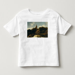 Skogsbevuxet landskap med figurer nära en kyrka t-shirt