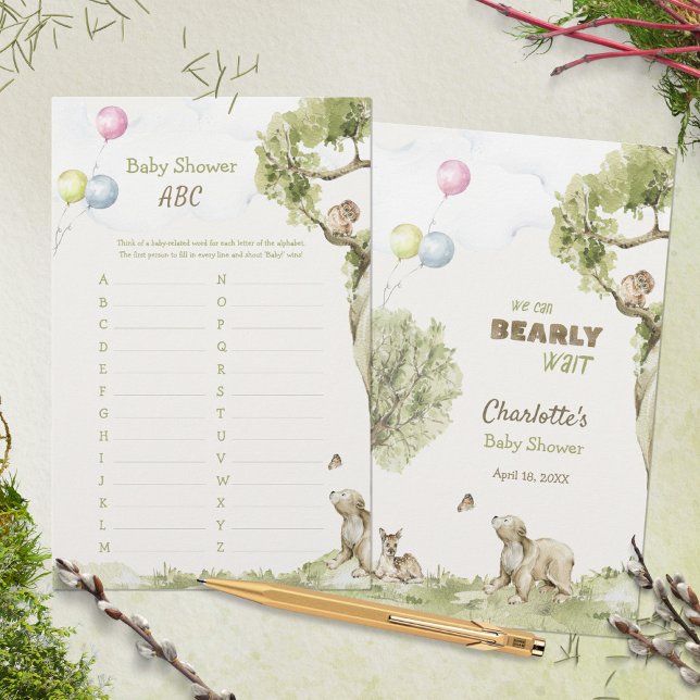Skogsbjörn Knappt Väntar Baby Shower ABC-spel (Woodland Bearly Wait Baby Shower ABC Game ©Susanne Sachers - Sunny Mind 🌞)