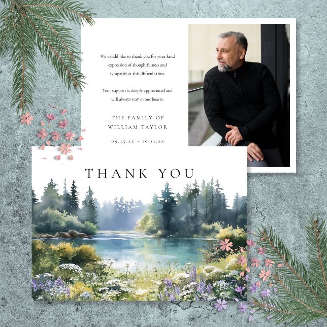 Skogsblommor Blommig Sjö Begravningsfoto Tack Kort (Woodland Wildflowers Floral Lake Funeral Photo Thank You Card)