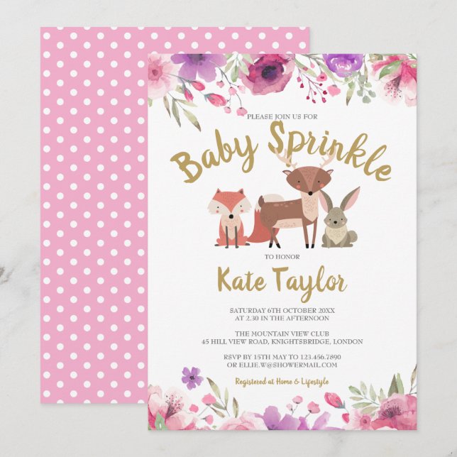 Skogsblommor för babyflicka - stänk/spruta inbjudningar (Fram/baksida)