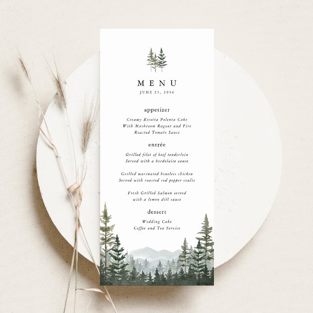Skogsbröllopsmeny för middag meny (Mountain Forest Wedding Menu, Sage Green Pine Tree Wedding Menu Card, Woodland Reception Dinner Menu)