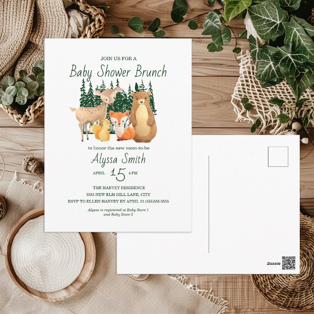 Skogsbrunch för bebis vykort (Woodland Animals baby shower postcard invitation)
