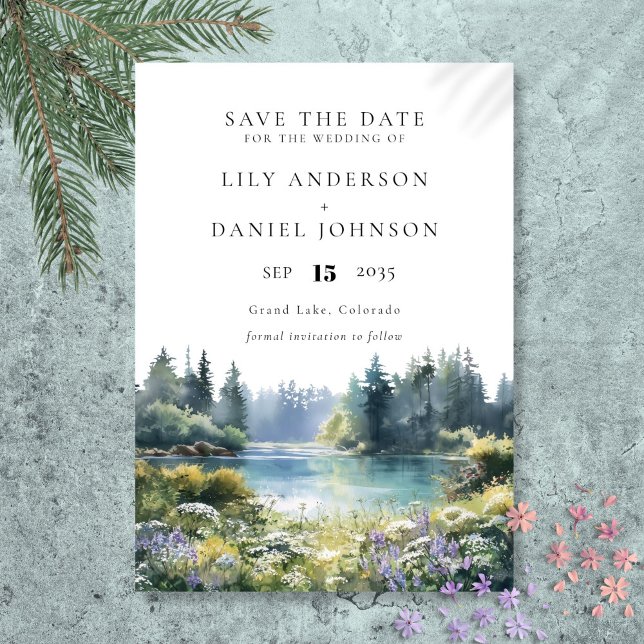 Skogsbysjö vilda blommor Blommig Bröllop Spara Datumet (Forest Lakeside Wildflowers Floral Wedding Save The Date)