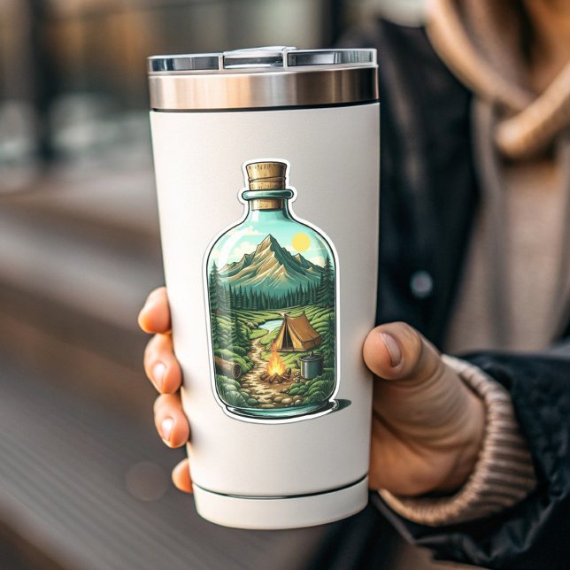 Skogscamping i en flaska vinyldekal | Dekal (Forest Camping In a Bottle Vinyl Sticker | Sticker by PiggyPrint Stickers)