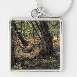 Skogscen i höst fyrkantig silverfärgad nyckelring
