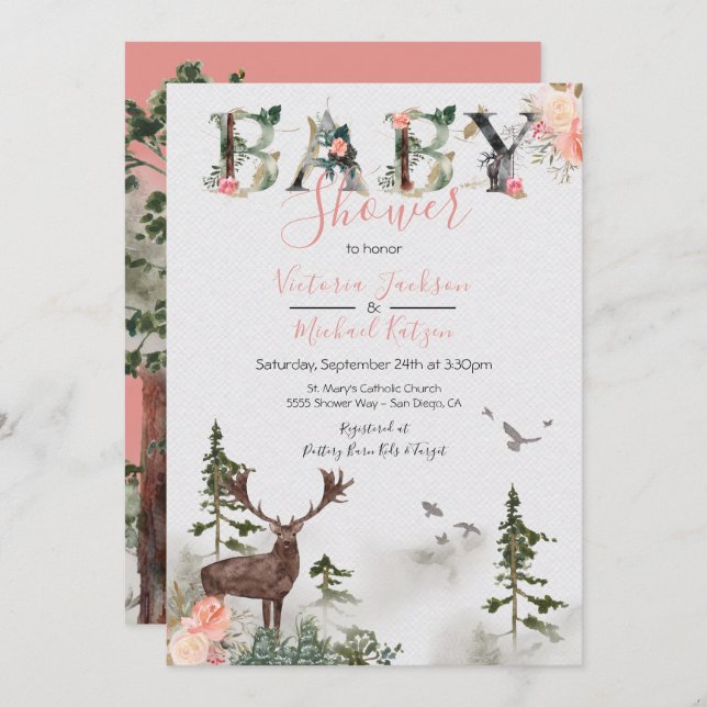Skogschakt för träets vattenfärg Flicka Shower Inbjudningar (Fram/baksida)