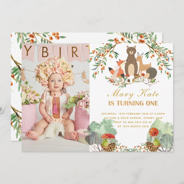 Skogsdjur 1:a födelsedagen inbjudningar (Fram/baksida)