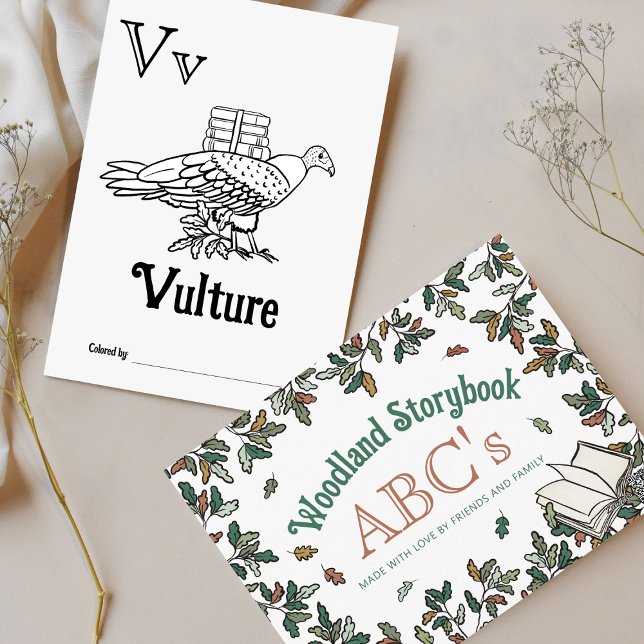 Skogsdjur ABC-färgning Babykläder Aktivitet Vykort (Other letters available in Woodland Storybook Baby Shower Collection)
