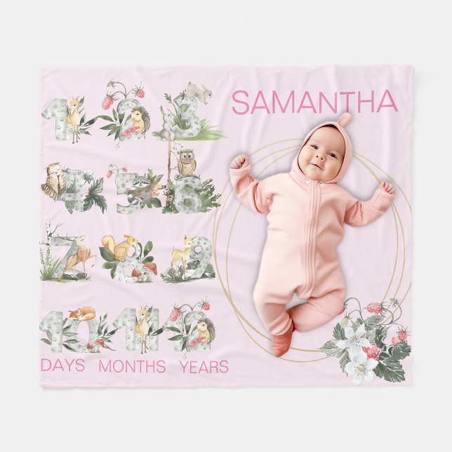 Skogsdjur Anpassade Nummer Milstolpe Ålder Rosa Fleecefilt (Skapare uppladdad)