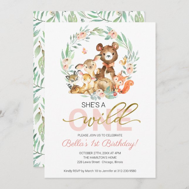 Skogsdjur är en Vild en första födelsedag Inbjudningar (Fram/baksida)