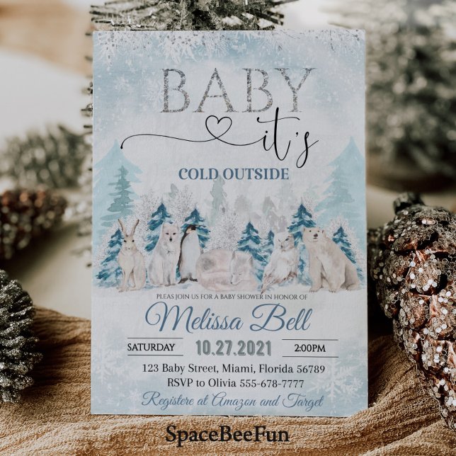 Skogsdjur Arktiska djur Vinterbabydusch Inbjudningar (Woodland animal Arctic animals Winter baby shower invitation Baby it's cold outside )