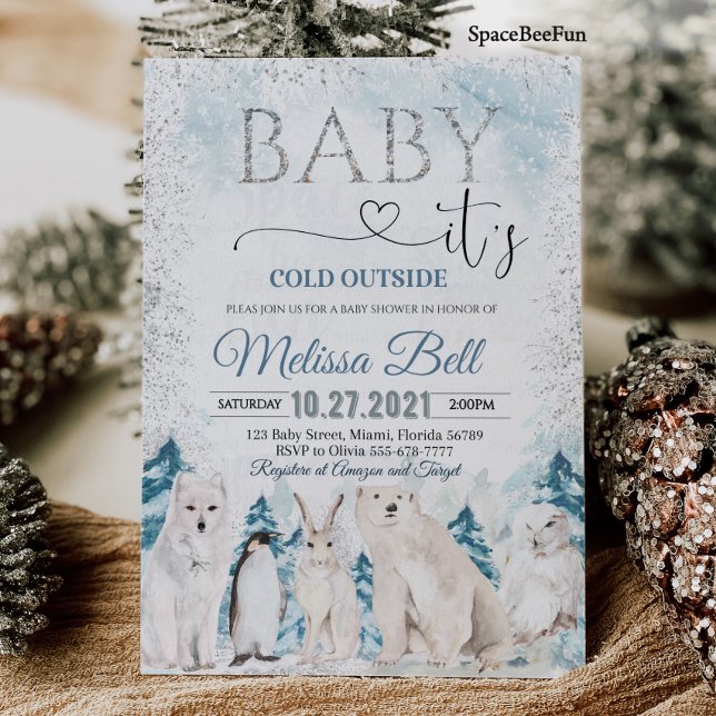 Skogsdjur Arktiska djur Vinterbabydusch Inbjudningar (Woodland animal Arctic animals Winter baby shower invitation Baby it's cold outside )