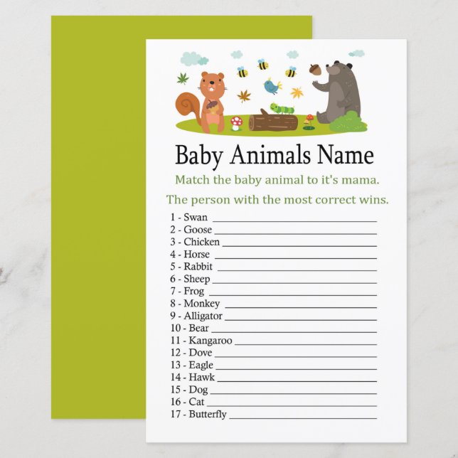 Skogsdjur Baby djur Namn Game (Fram/baksida)