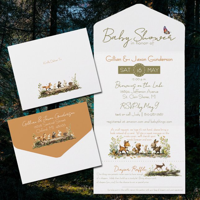 Skogsdjur Baby Shower (All-in-one baby shower invitation with whimsical woodland animals from Night and Day Designs)