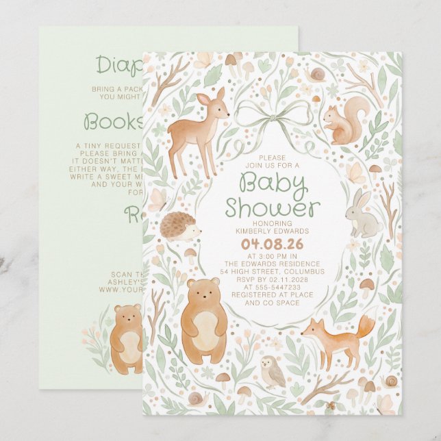 Skogsdjur Baby Shower Allt-i-ett Inbjudningar (Fram/baksida)
