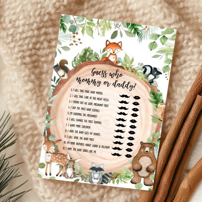 Skogsdjur Baby Shower Bingo Spel (Wood Slice Woodland Baby Shower Guess Who Mommy or Daddy Game)