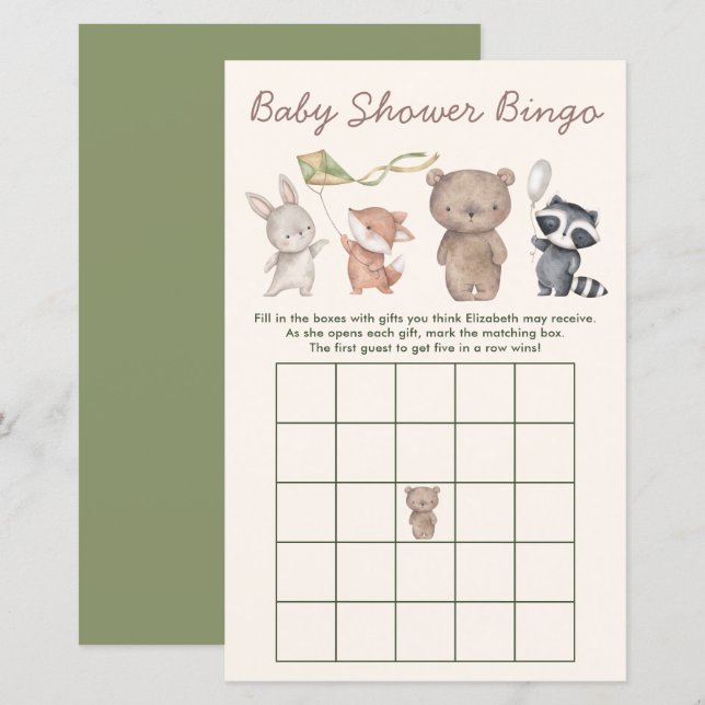 Skogsdjur Baby Shower Bingo Spel (Fram/baksida)