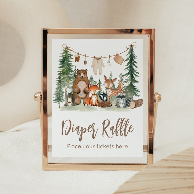 Skogsdjur Baby Shower Blöja Lotteri Skylt (Woodland Animals Adventure Awaits Rustic Baby Shower Sign)