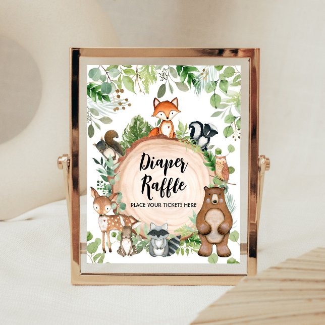 Skogsdjur Baby Shower Blöja Lotteri Skylt (Wood Slice Woodland Baby Shower Diaper Raffle Sign)