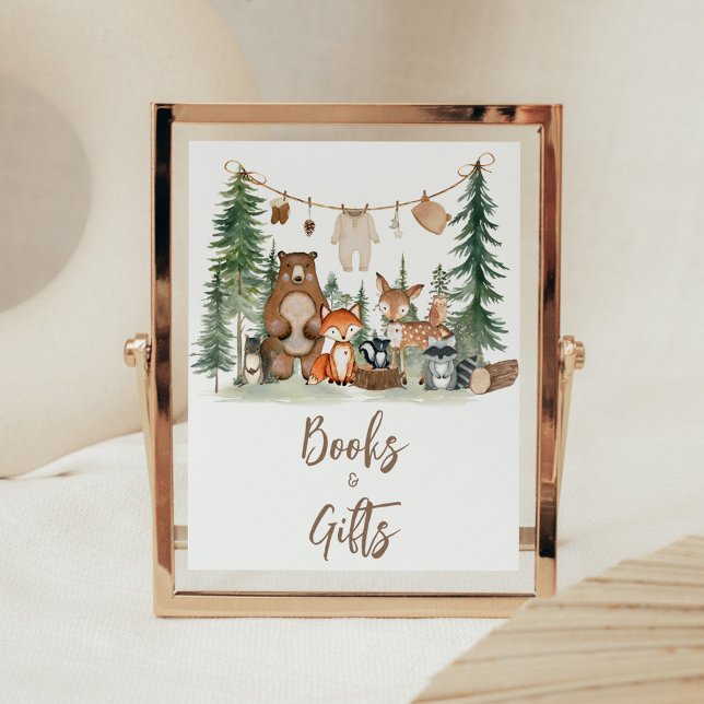 Skogsdjur Baby Shower Böcker och Gåvor Skylt (Woodland Animals Adventure Awaits Rustic Baby Shower Sign)