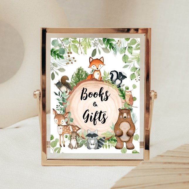 Skogsdjur Baby Shower Böcker och Gåvor Skylt (Wood Slice Woodland Baby Shower Books and Gifts Sign)