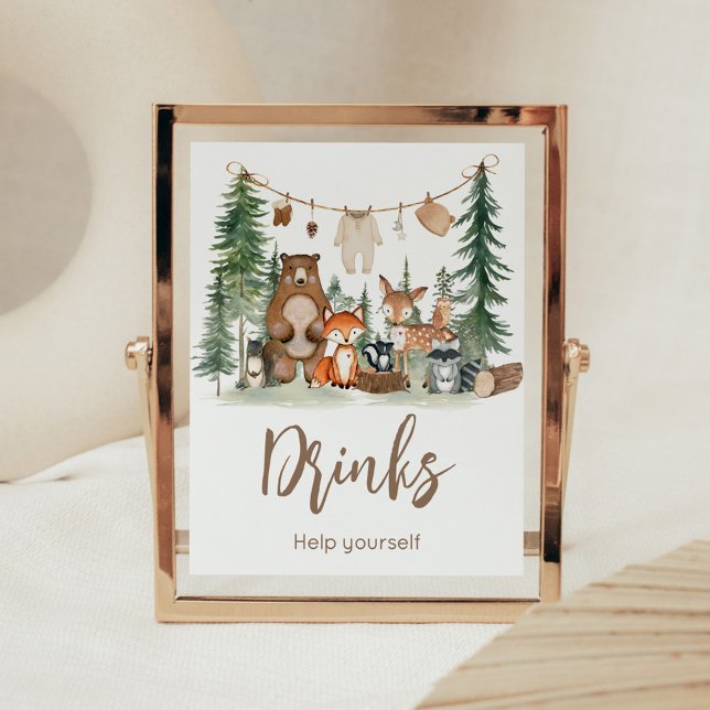 Skogsdjur Baby Shower Dryckes skylt (Woodland Animals Adventure Awaits Rustic Baby Shower Sign)