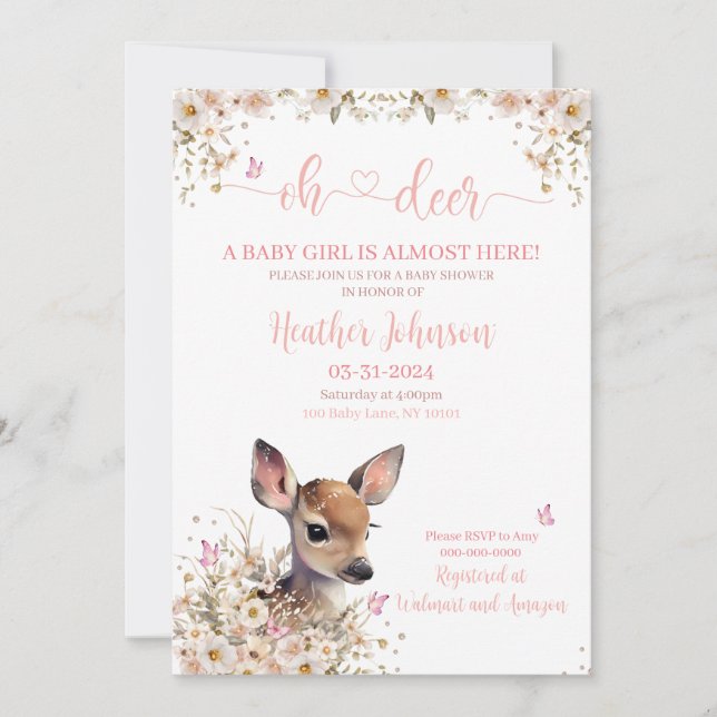 Skogsdjur Baby Shower Flicka Inbjudningar (Framsida)