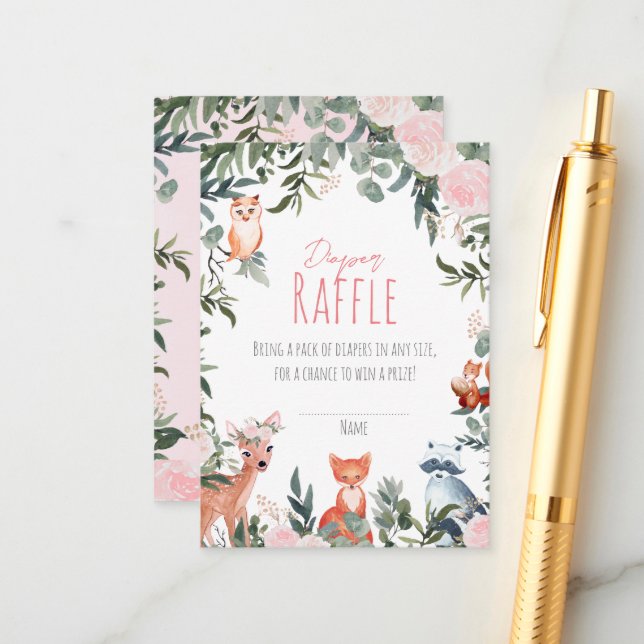 Skogsdjur Baby Shower Flickas Blöja Lotteri Tilläggskort (Fram/Back In Situ)