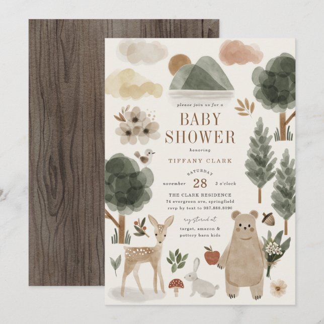 Skogsdjur Baby Shower Inbjudan (Fram/baksida)