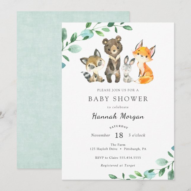 Skogsdjur Baby Shower Inbjudan (Fram/baksida)