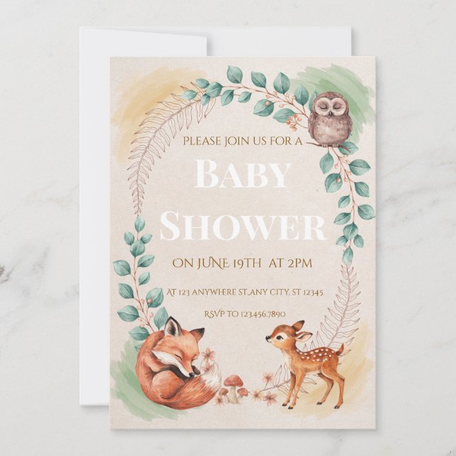 Skogsdjur Baby Shower Inbjudan  (Framsida)