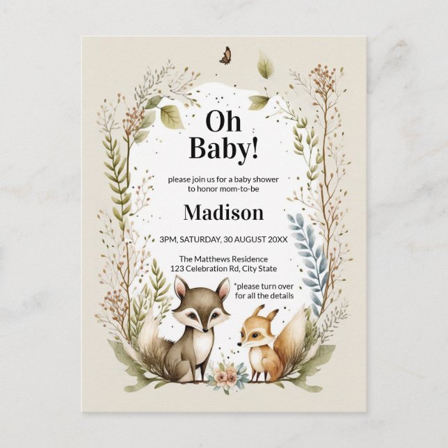 Skogsdjur Baby Shower Inbjudan Akvarell (Framsida)