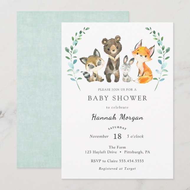 Skogsdjur Baby Shower Inbjudningar (Fram/baksida)