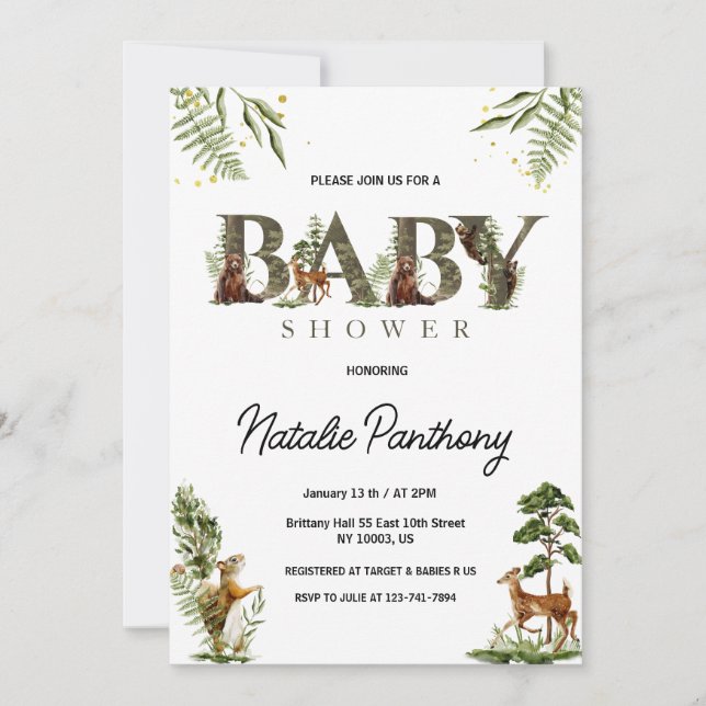 Skogsdjur Baby Shower Inbjudningar (Framsida)