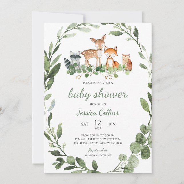Skogsdjur Baby Shower Inbjudningar (Framsida)