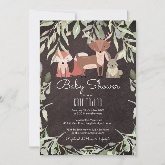 Skogsdjur Baby Shower Kritskrifttavla Inbjudningar (Framsida)