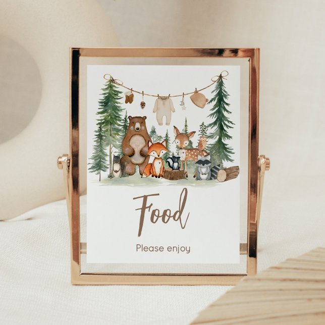 Skogsdjur Baby Shower Matmärke Poster (Woodland Animals Adventure Awaits Rustic Baby Shower Sign)