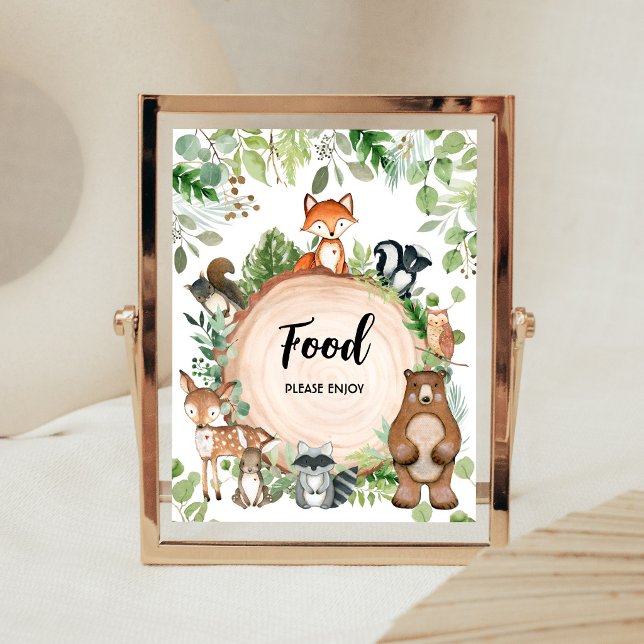 Skogsdjur Baby Shower Matmärke Poster (Wood Slice Woodland Baby Shower Food Sign)