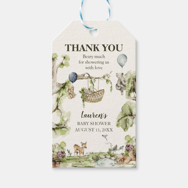Skogsdjur Baby Shower Tack Favors Presentetikett (Framsidan)