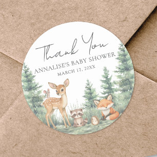 Skogsdjur Baby Shower Tackkort Runt Klistermärke