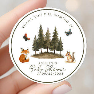 Skogsdjur Baby Shower Tackkort Runt Klistermärke