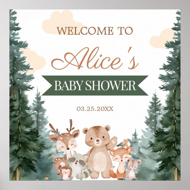 Skogsdjur Baby Shower Välkomstaffisch Poster (Framsidan)