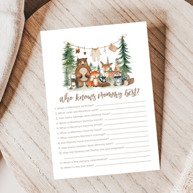 Skogsdjur Baby Shower Vem Känner Mamma Bäst Spelet (Woodland Animals Adventure Awaits Rustic Baby Shower Game)