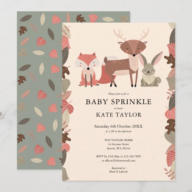 Skogsdjur Baby Sprinkle Shower Inbjudningar (Fram/baksida)