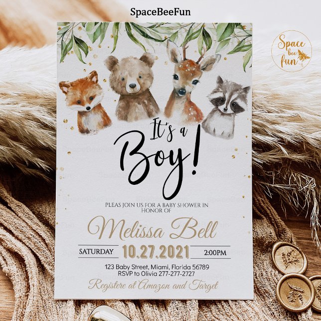 Skogsdjur - babyskabinbjuden pojkbjörn inbjudningar (Woodland Animals,Baby Shower,Invitation Boy,Bear Forest,Woodland bear,Animals Invite,Bear Fox,Woodla)